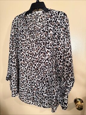 Maurices Leopard Print V-Neck Long Sleeve Blouse - Black, Brown, White